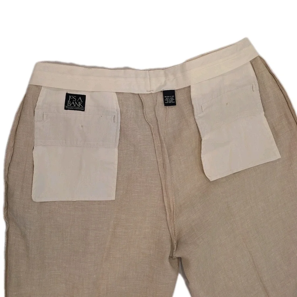 Jos A‎ Bank 38x32 Khaki 100% Linen Travelers Pleated Cuffed Mens Pants